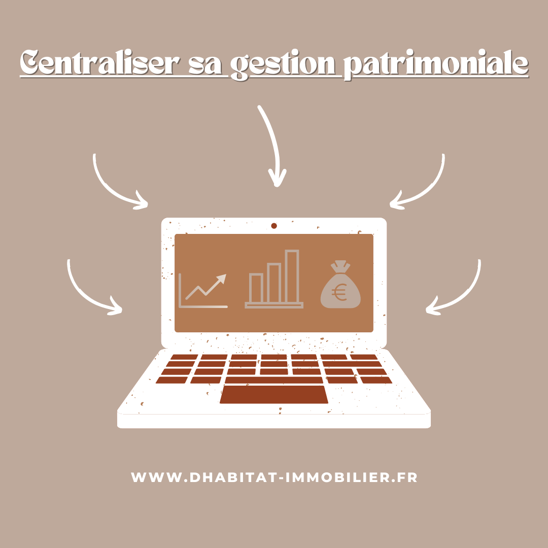 Un visuel représentant un ordinateur central entouré de plusieurs flèches symbolisant la centralisation de la gestion patrimoniale. Des données financières sont affichées à l'écran, montrant une vue d'ensemble de l'état du patrimoine.